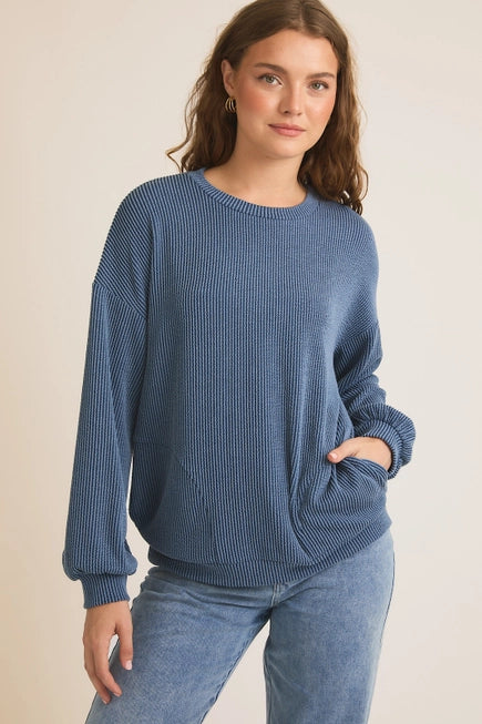 Round Neck Side Pocket Detail Long Sleeve Top